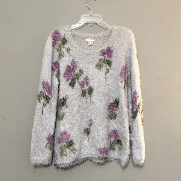 VENUS Sweaters Venus Beige Tan Purple Green Floral Fuzzy Cozy